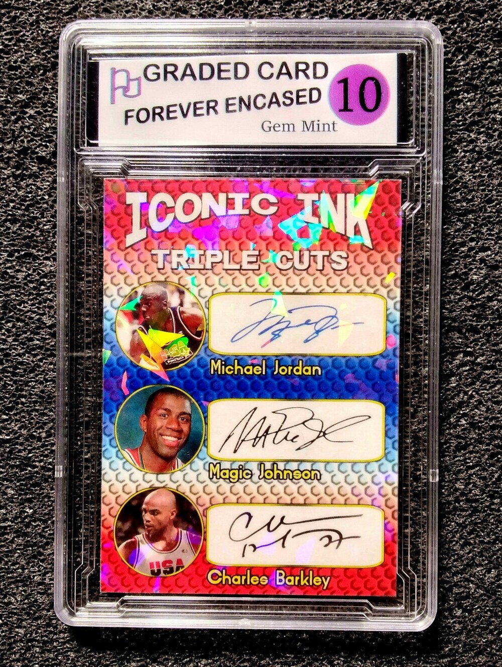 Michael Jordan, Magic Johnson & Charles Barkley 3x Autograph Basketball Card.